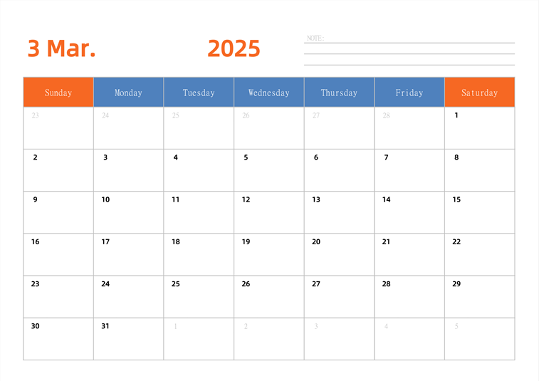 2025年日历台历 英文版 横向排版 周日开始